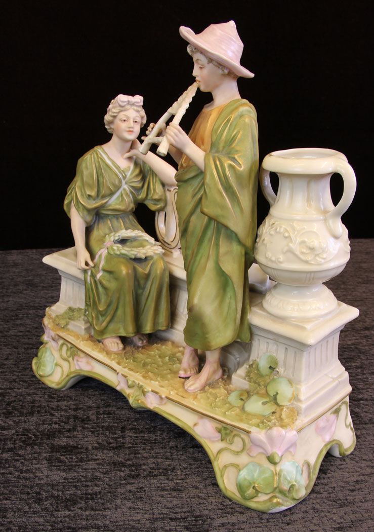 11612r3 Antique Royal Dux Centre Piece of Young Lady and Gentleman Playing Flute,