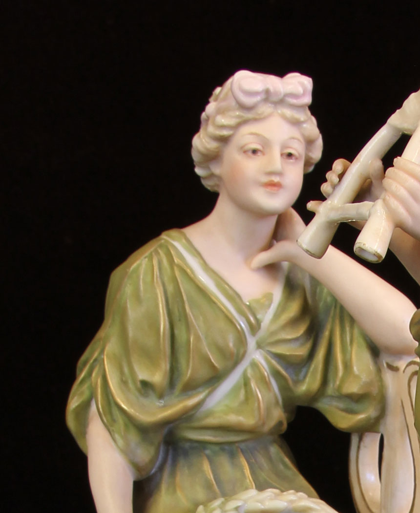 11612r4 Antique Royal Dux Centre Piece of Young Lady and Gentleman Playing Flute,