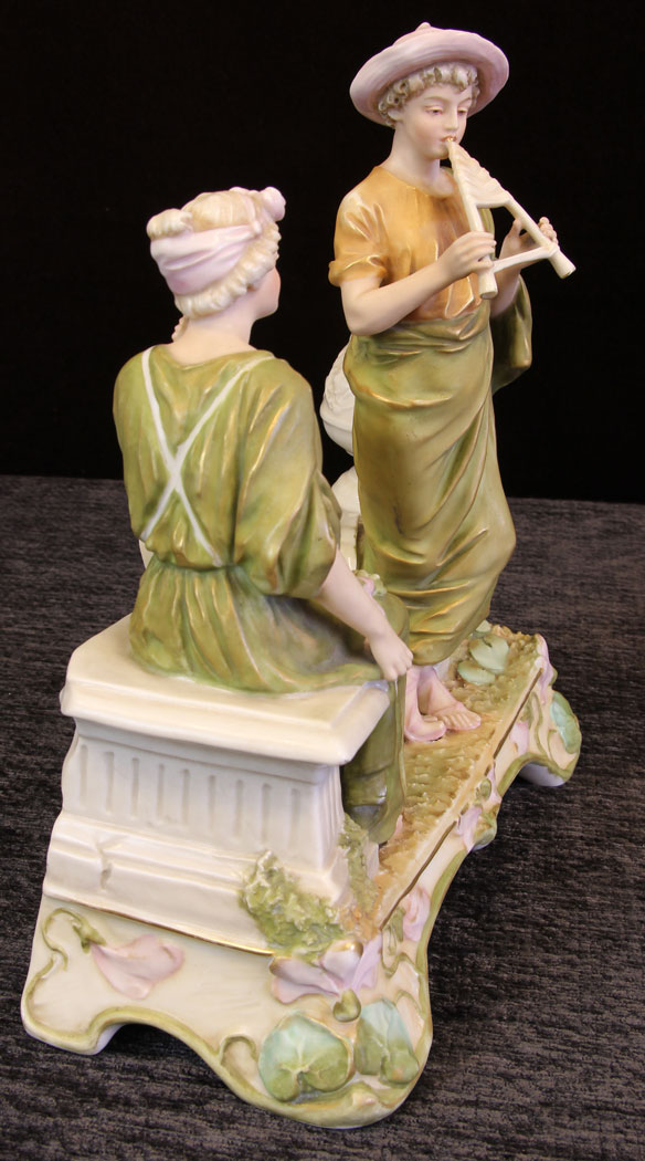 11612r5 Antique Royal Dux Centre Piece of Young Lady and Gentleman Playing Flute,