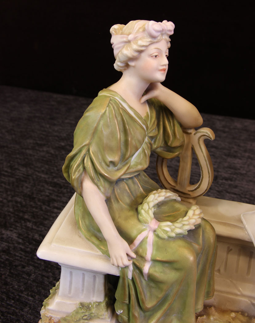 11612r6 Antique Royal Dux Centre Piece of Young Lady and Gentleman Playing Flute,