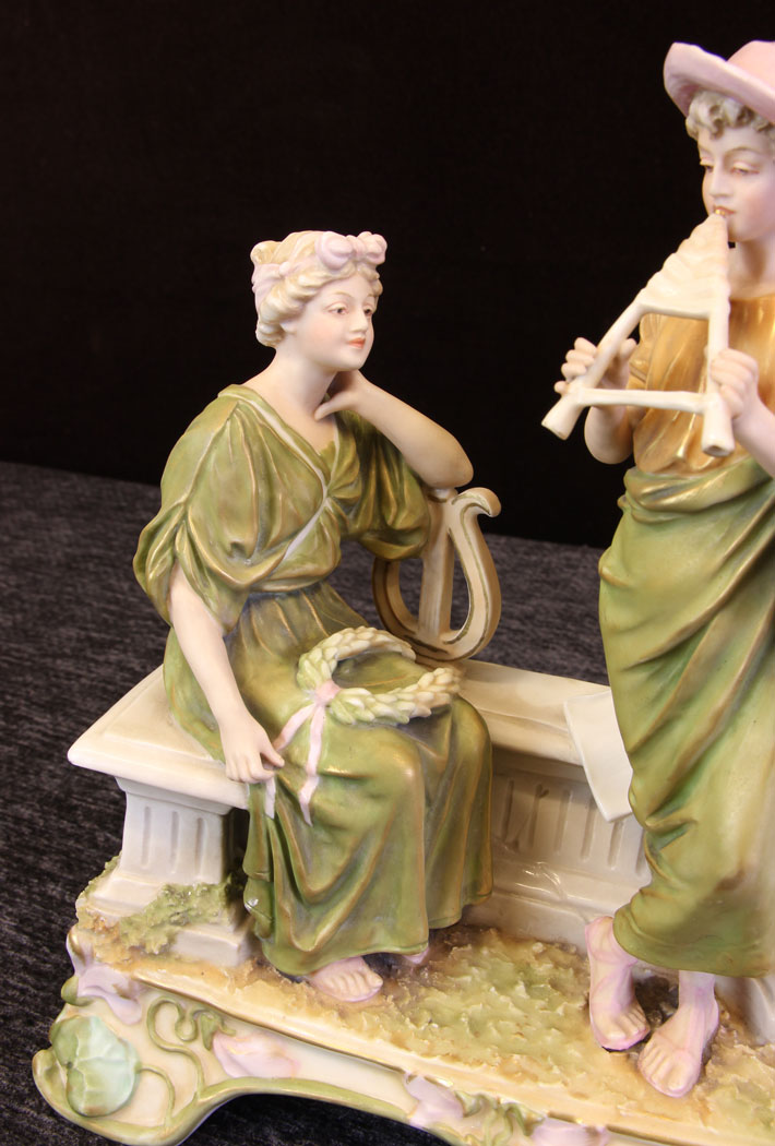 11612r7 Antique Royal Dux Centre Piece of Young Lady and Gentleman Playing Flute,