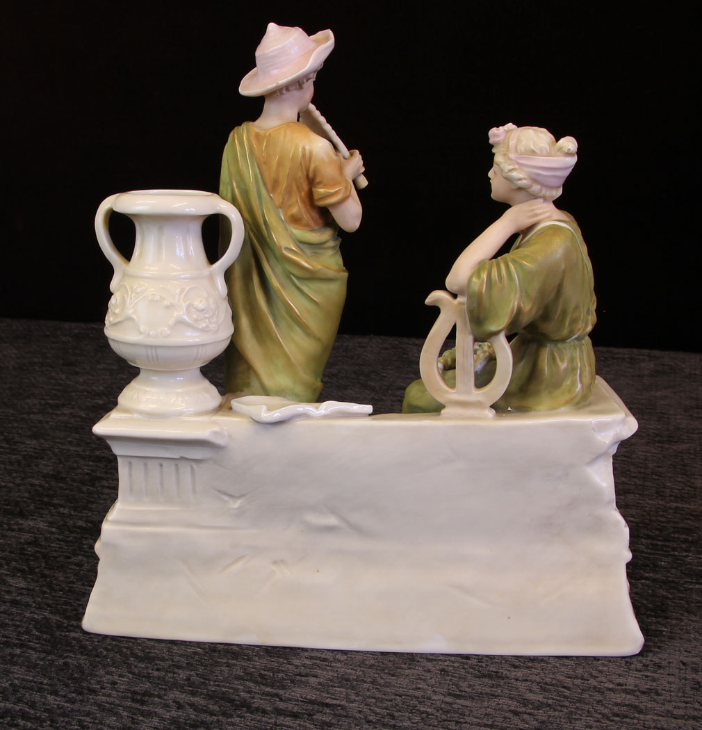 11612r8 Antique Royal Dux Centre Piece of Young Lady and Gentleman Playing Flute,