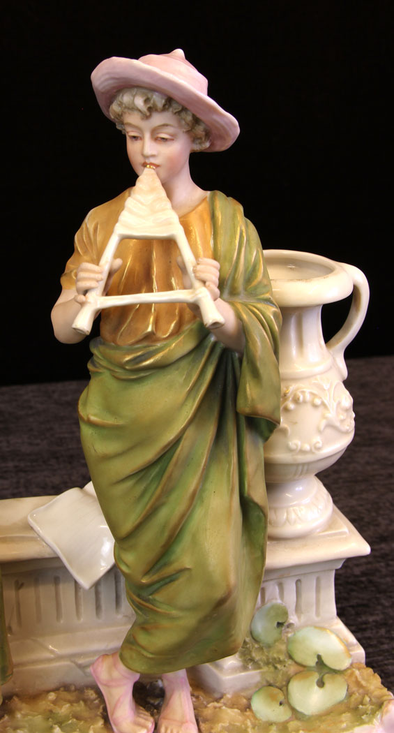 11612r9 Antique Royal Dux Centre Piece of Young Lady and Gentleman Playing Flute,