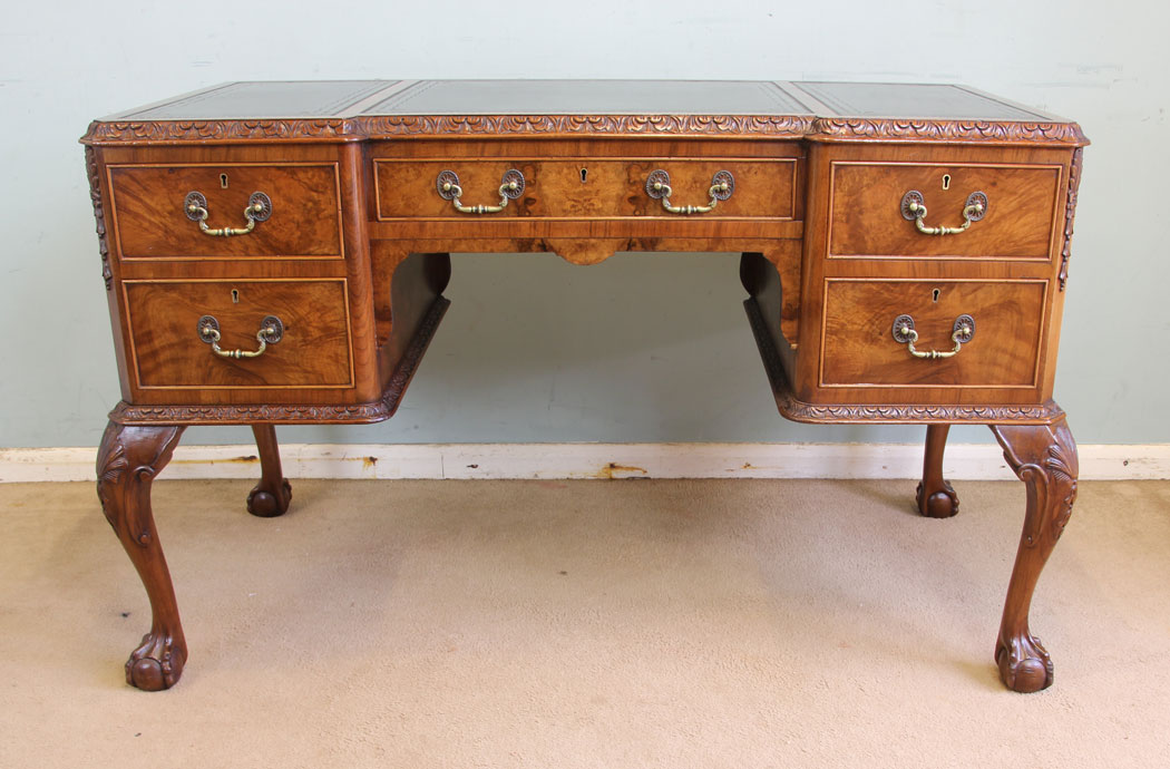 11653r02 Quality Burr Walnut Kneehole Writing Desk,