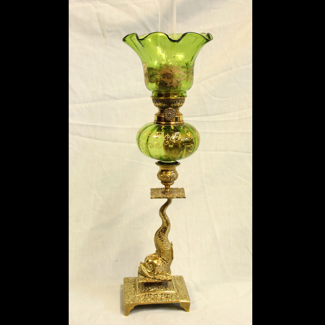 11693r01-Antique-Peg-Oil-Lamp-Green-Shade-&-Font,- Antique Victorian Peg Oil Lamp.