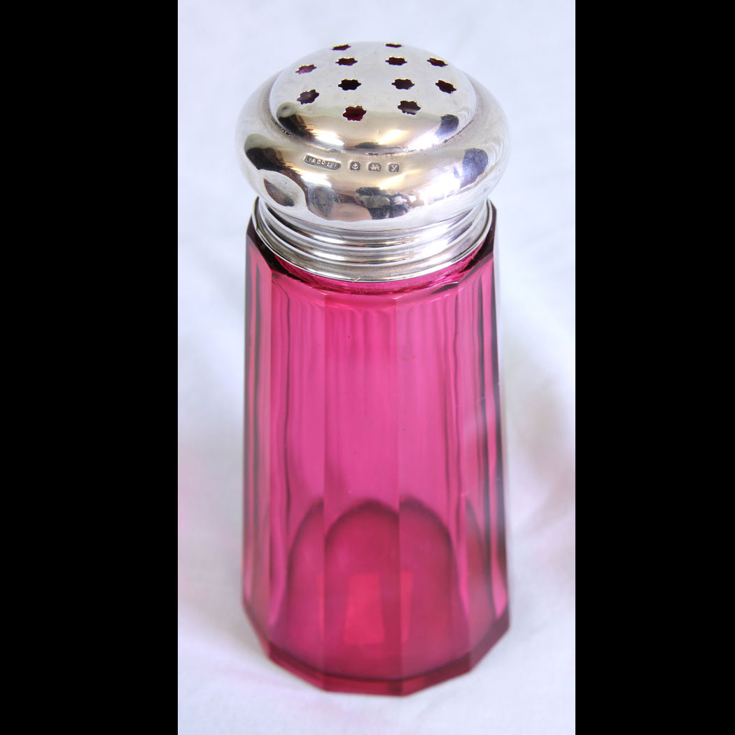 11710r01-Antique-Silver-Top-Cranberry-Glass-Sugar-Sifter,- Antique Cranberry Glass Silver Top Sugar Sifter / Shaker