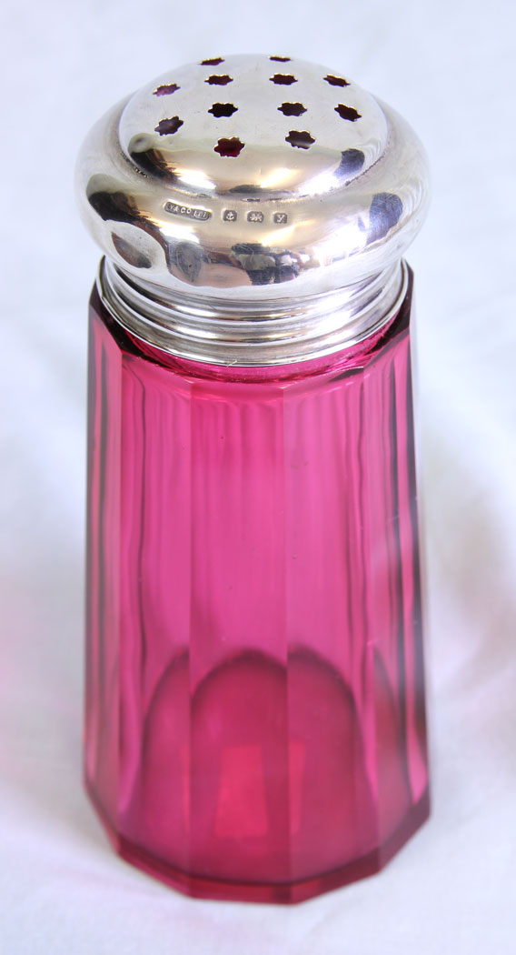 11710r1 Antique Silver Top Cranberry Glass Sugar Sifter,