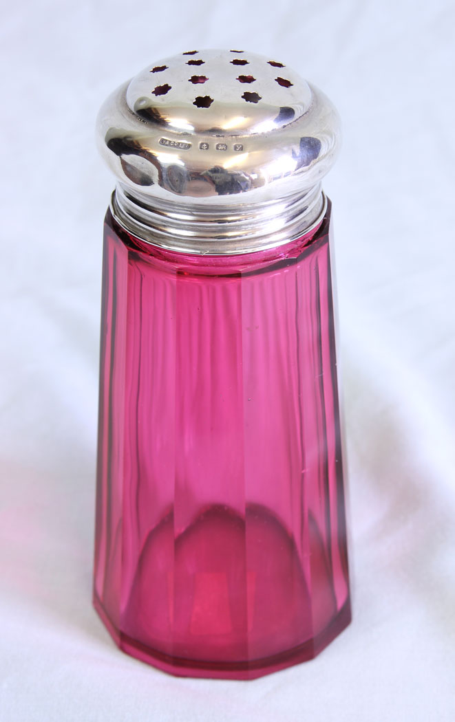 11710r3 Antique Silver Top Cranberry Glass Sugar Sifter,