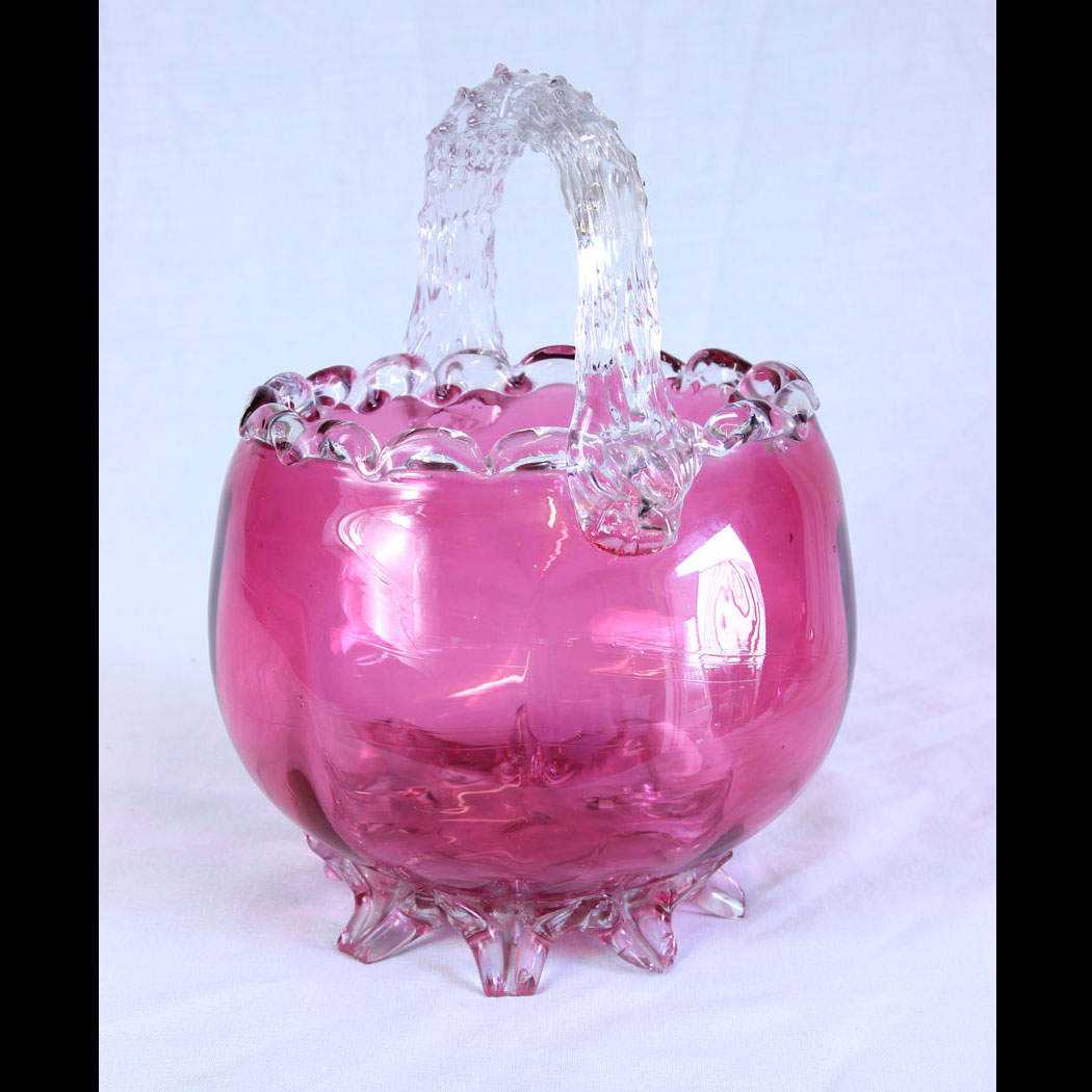 11712r01-Antique-Victorian-Cranberry-Glass-Basket,- Antique Victorian Cranberry Glass Basket