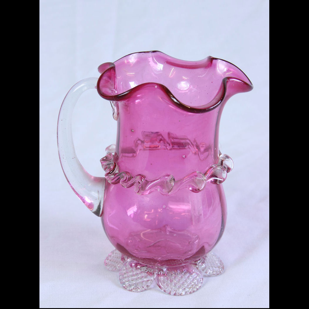 11713r01-Antique-Cranberry-Glass-Jug,- Antique Victorian Cranberry Glass Shaped Jug