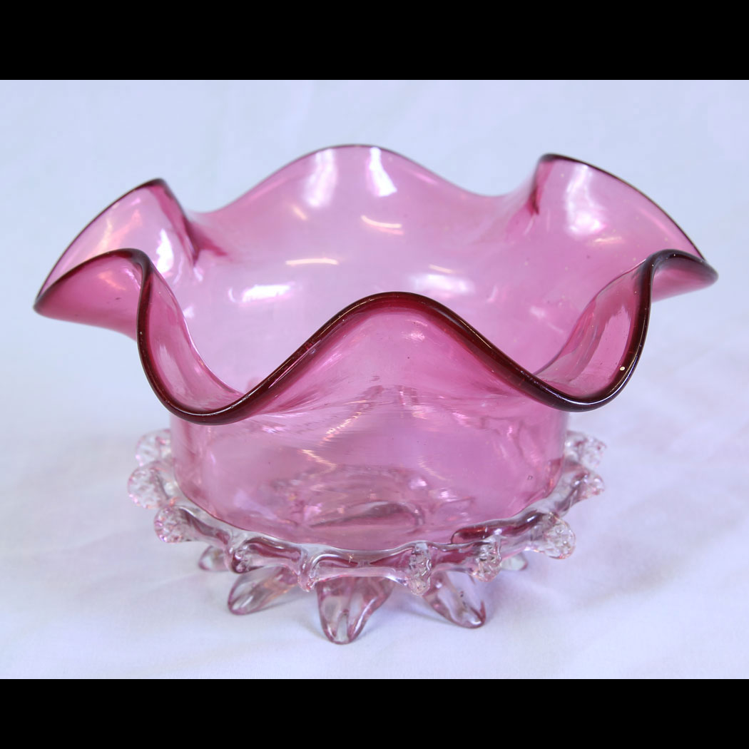 11714r01-Antique-Cranberry-Glass-Bowl,- Antique Victorian Cranberry Glass Shaped Bowl