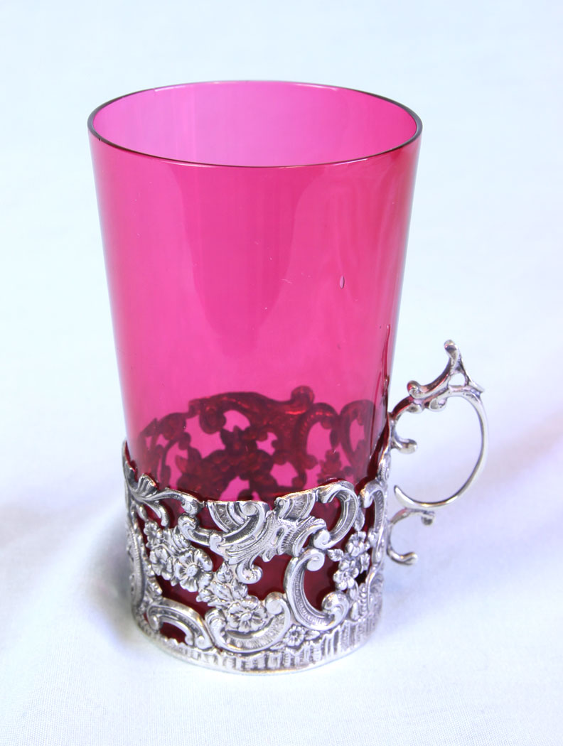 11718r1 Antique Cranberry Glass Tot Silver Holder Circa 1912,