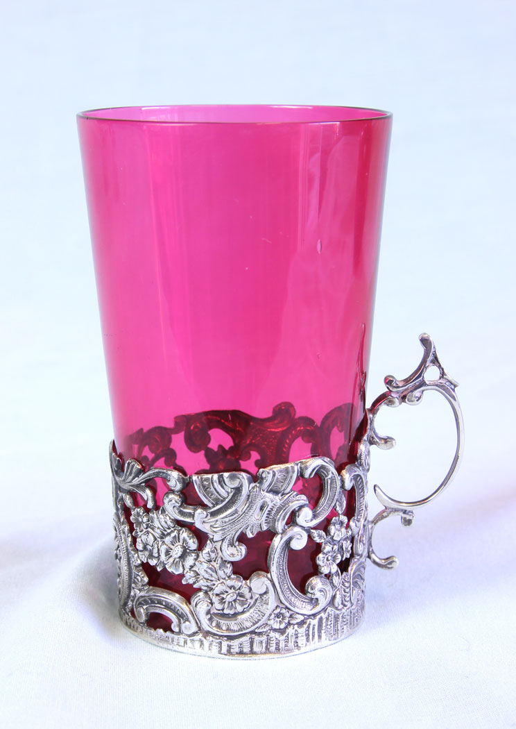11718r2 Antique Cranberry Glass Tot Silver Holder Circa 1912,