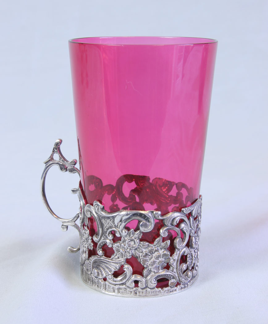 11718r4 Antique Cranberry Glass Tot Silver Holder Circa 1912,