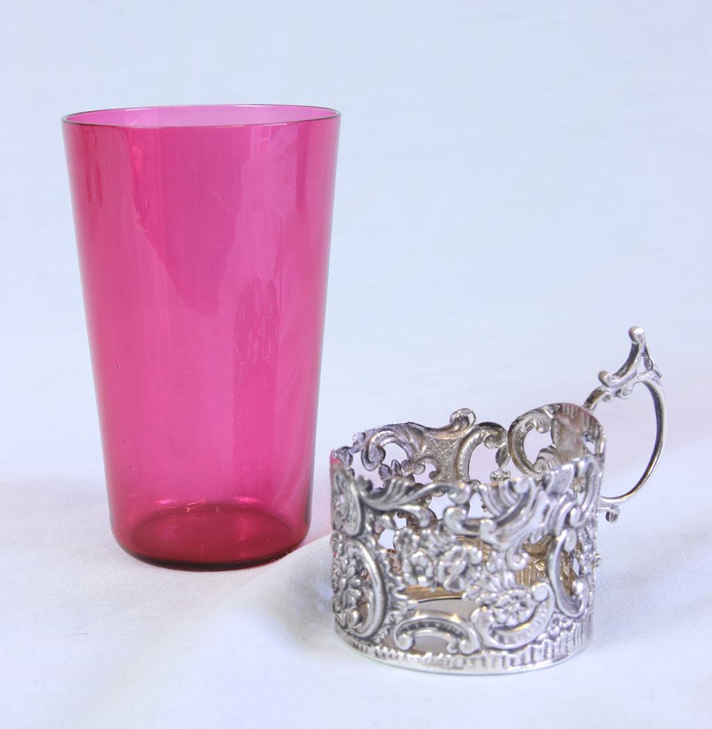 11718r5 Antique Cranberry Glass Tot Silver Holder Circa 1912,