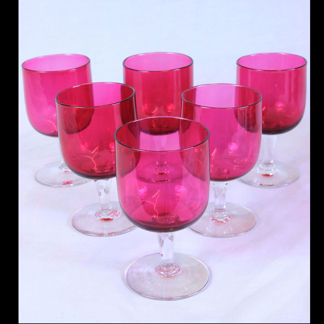 11720r01-Antique-Cranberry-Glass-Set-Six-Wine-Glasses,- Antique Cranberry Glass Set Six Wine Glasses