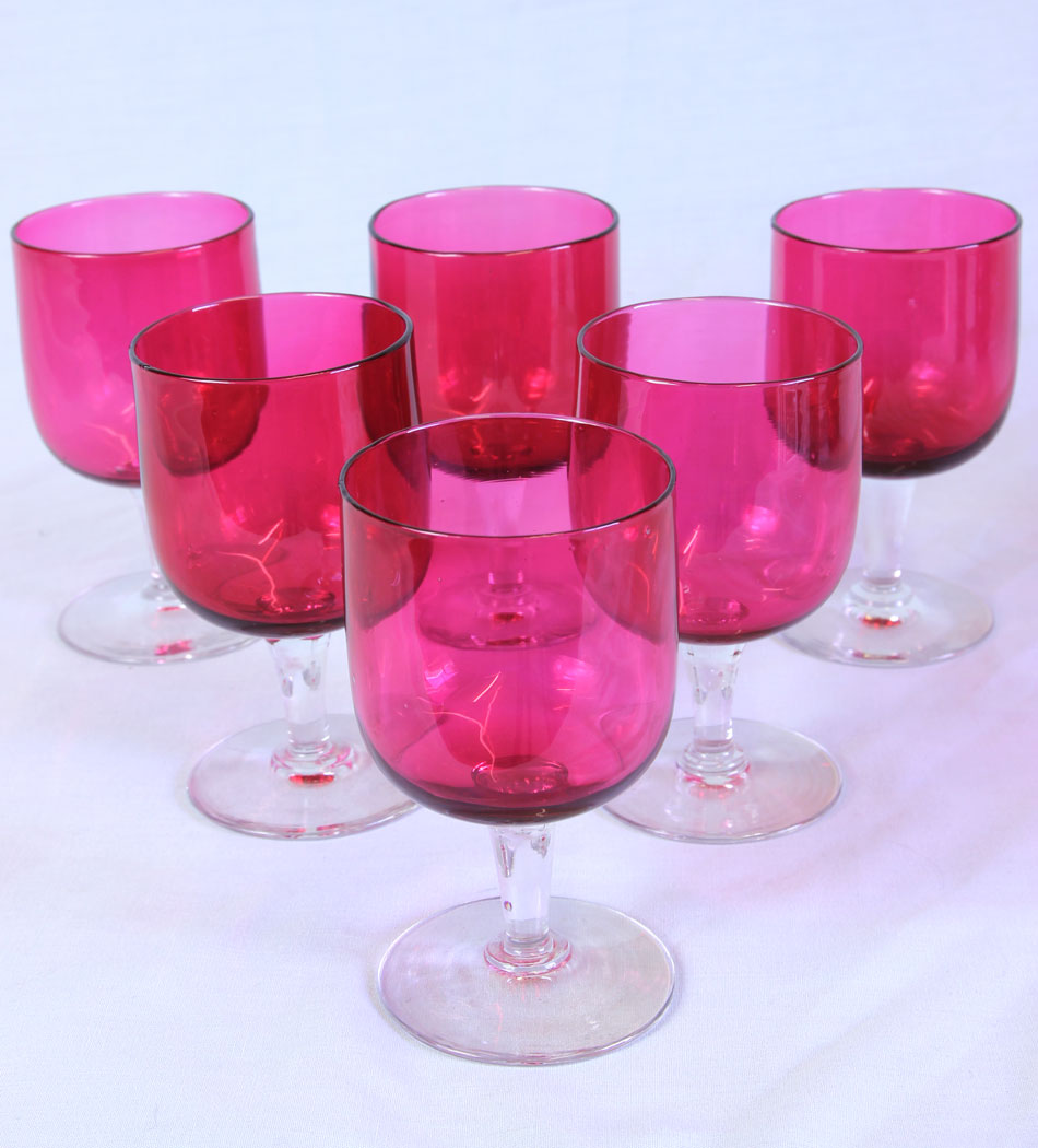 11720r1 Antique Cranberry Glass Set Six Wine Glasses,
