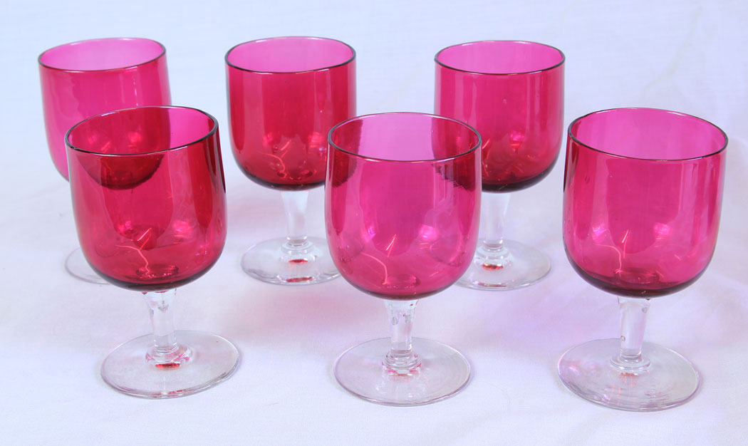 11720r2 Antique Cranberry Glass Set Six Wine Glasses,