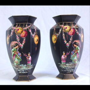 Antique Pair of Painted Falcon Ware Vases with Chinese Painted Decoration
