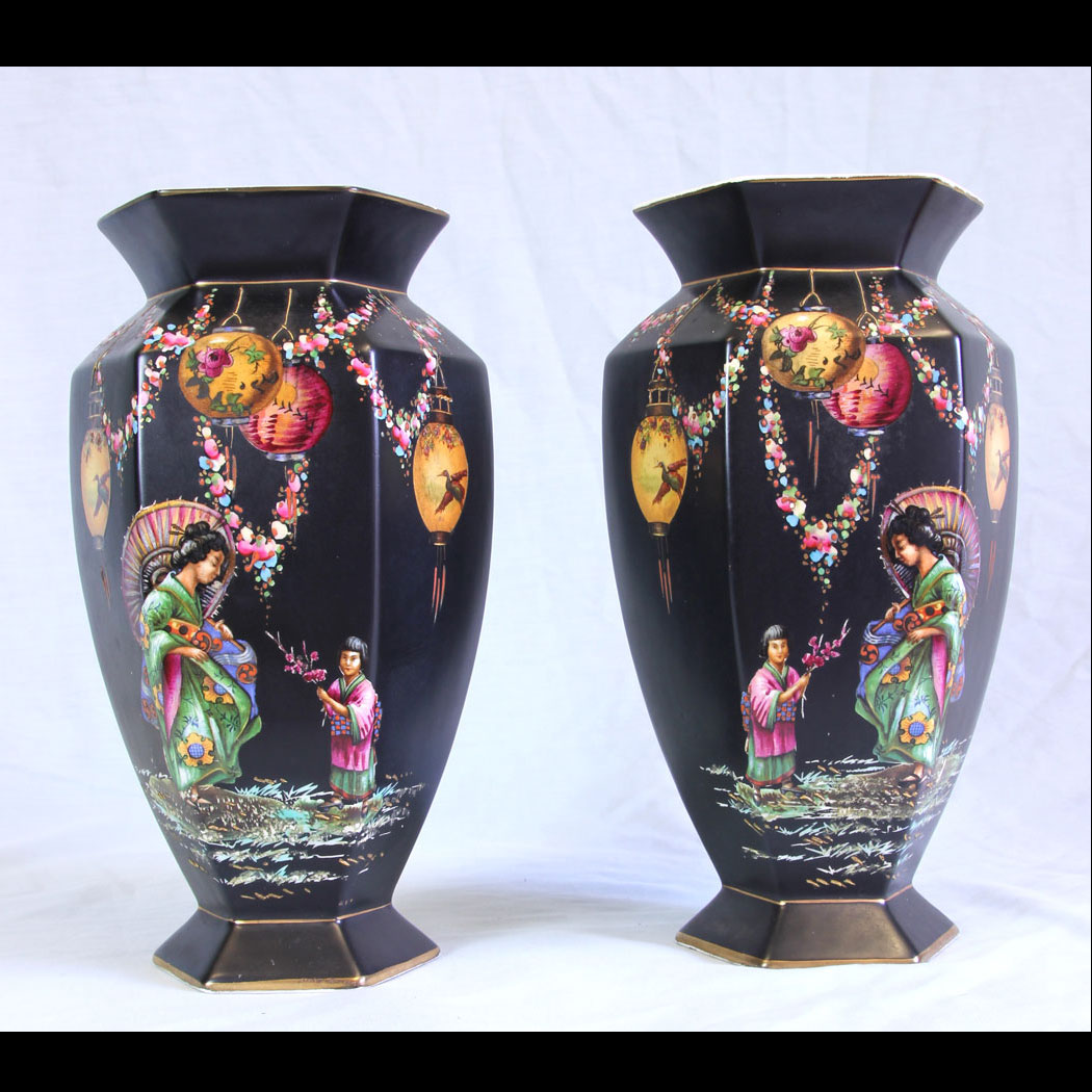 11728r01-Pair-Antique-Falcon-Ware-Vases,- Antique Pair of Painted Falcon Ware Vases with Chinese Painted Decoration