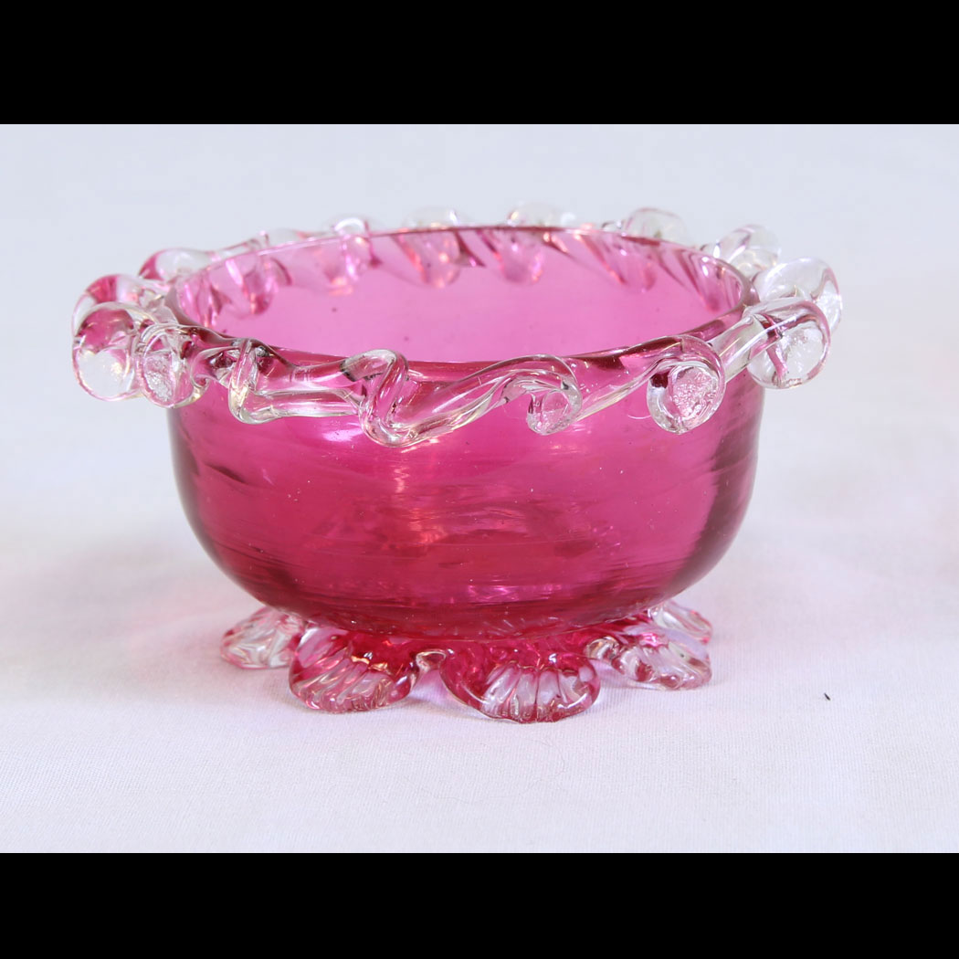 11740r01-Antique-Cranberry-Glass-Frilled-Salt,- Antique Cranberry Glass Frilled Salt