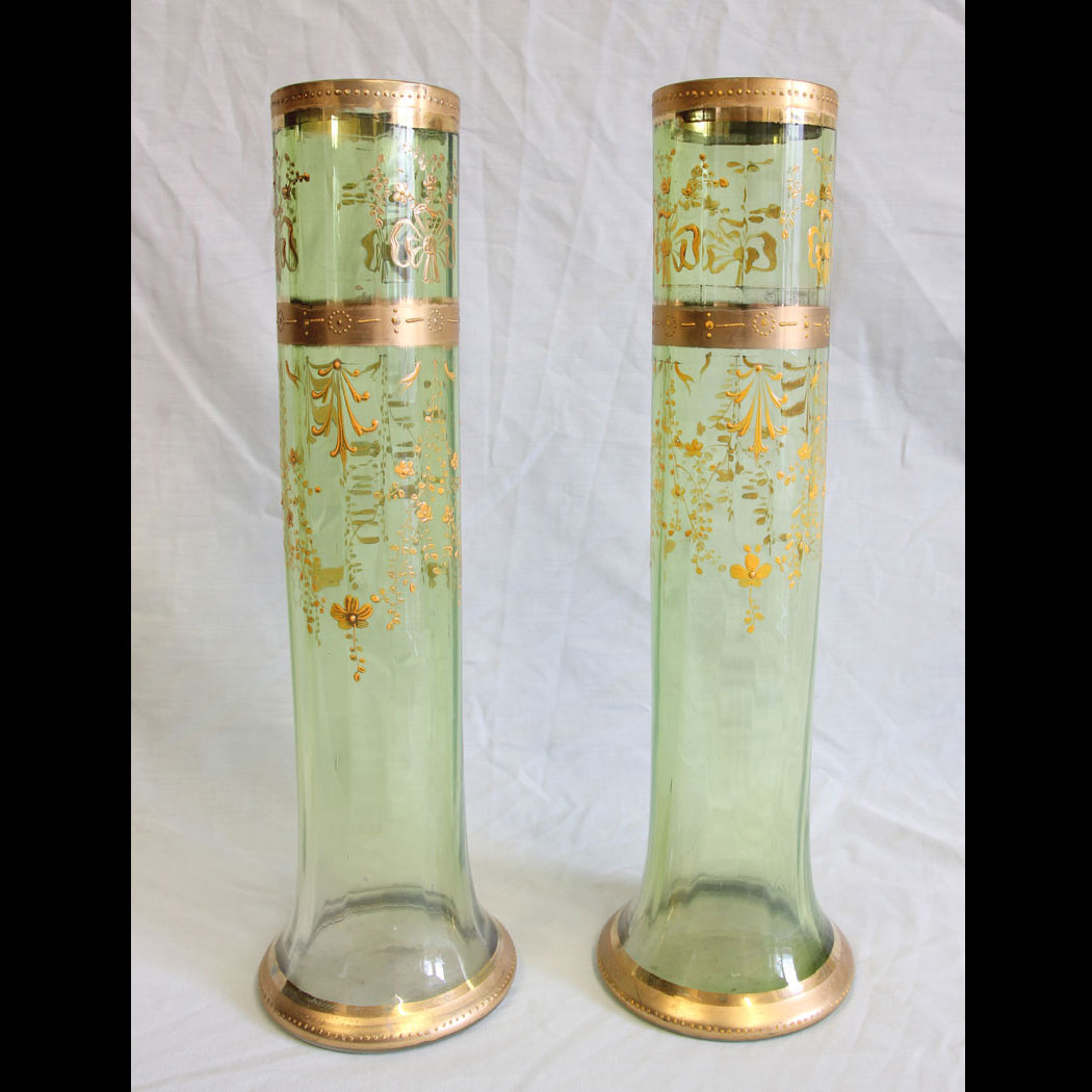 11749r01-Pair-Moser Karlsbad Tall-Antique-Green-Glass-Decorated-Vases,- Antique Pair Moser Karlsbad Tall Green Glass Vases