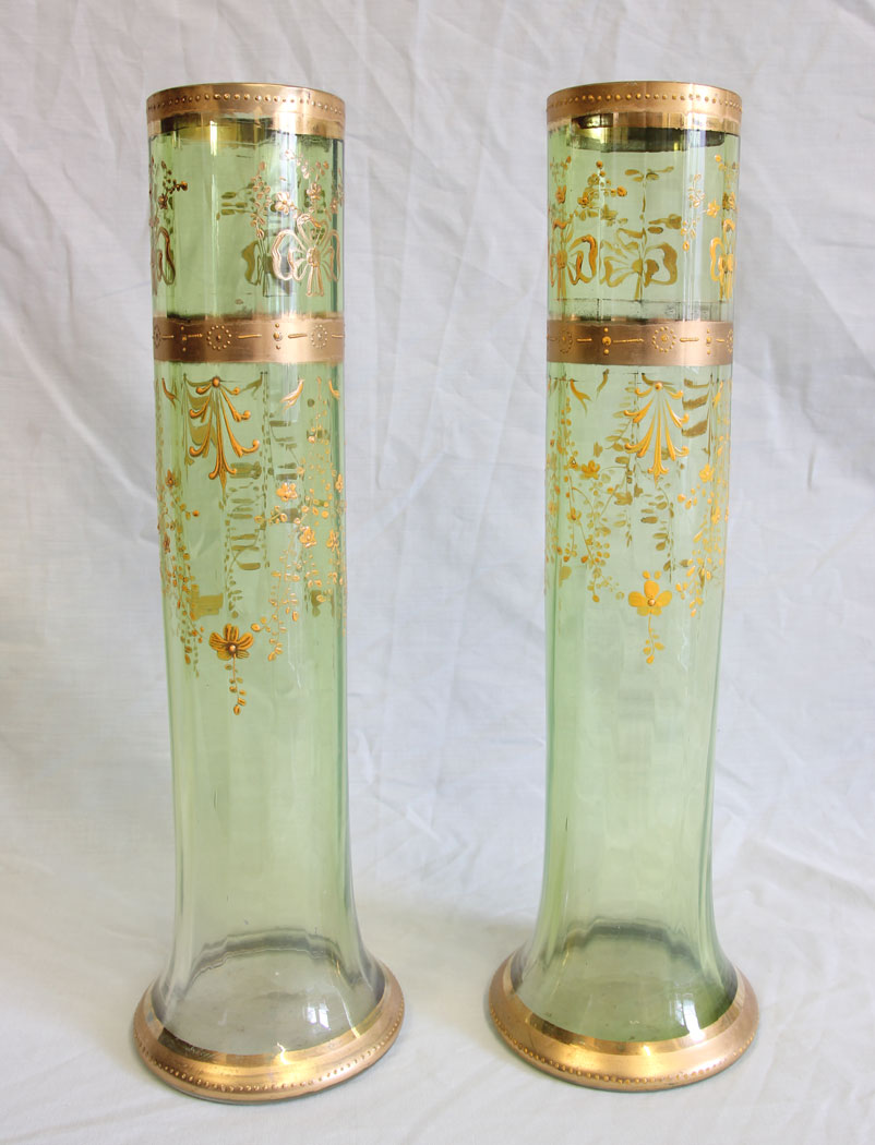 11749r1 Pair Moser Karlsbad Tall Antique Green Glass Decorated Vases,