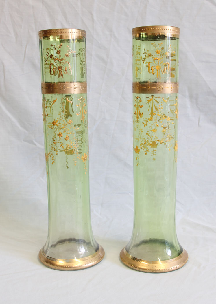 11749r2 Pair Moser Karlsbad Tall Antique Green Glass Decorated Vases,