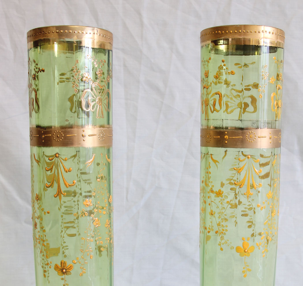 11749r3 Pair Moser Karlsbad Tall Antique Green Glass Decorated Vases,