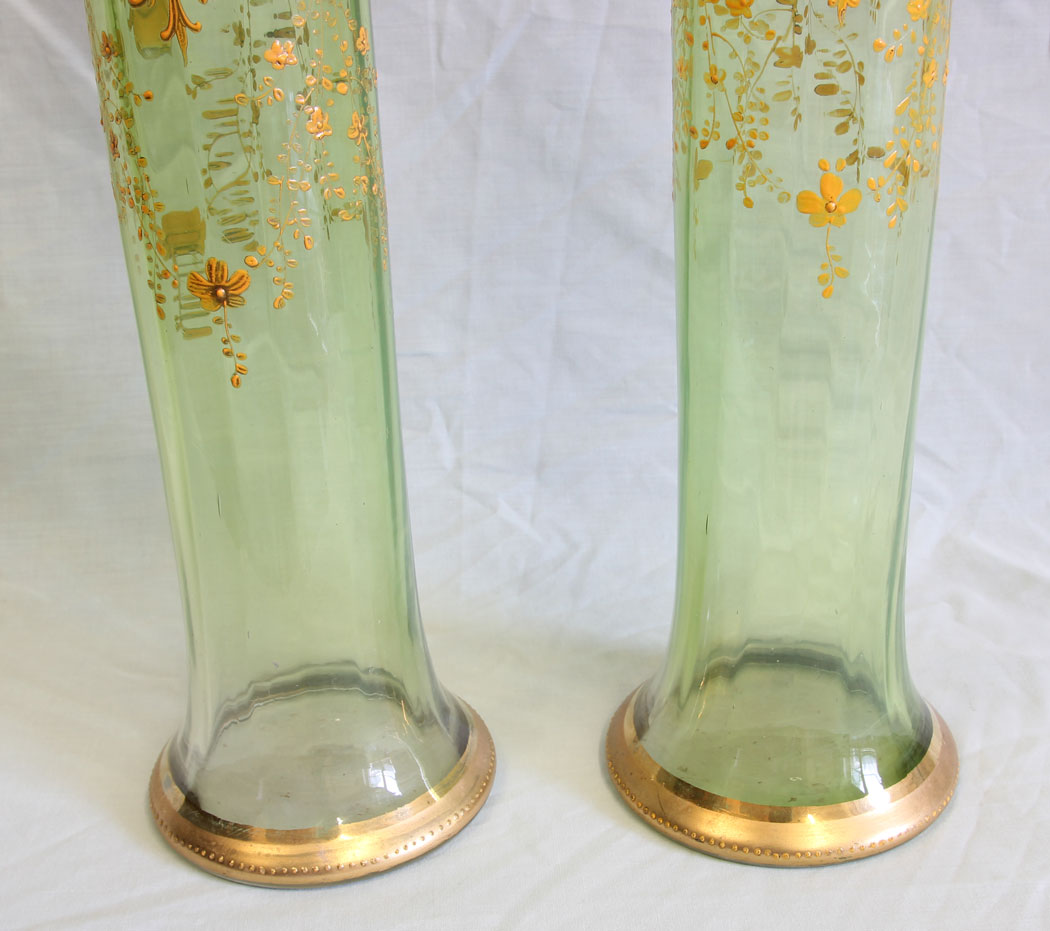 11749r4 Pair Moser Karlsbad Tall Antique Green Glass Decorated Vases,