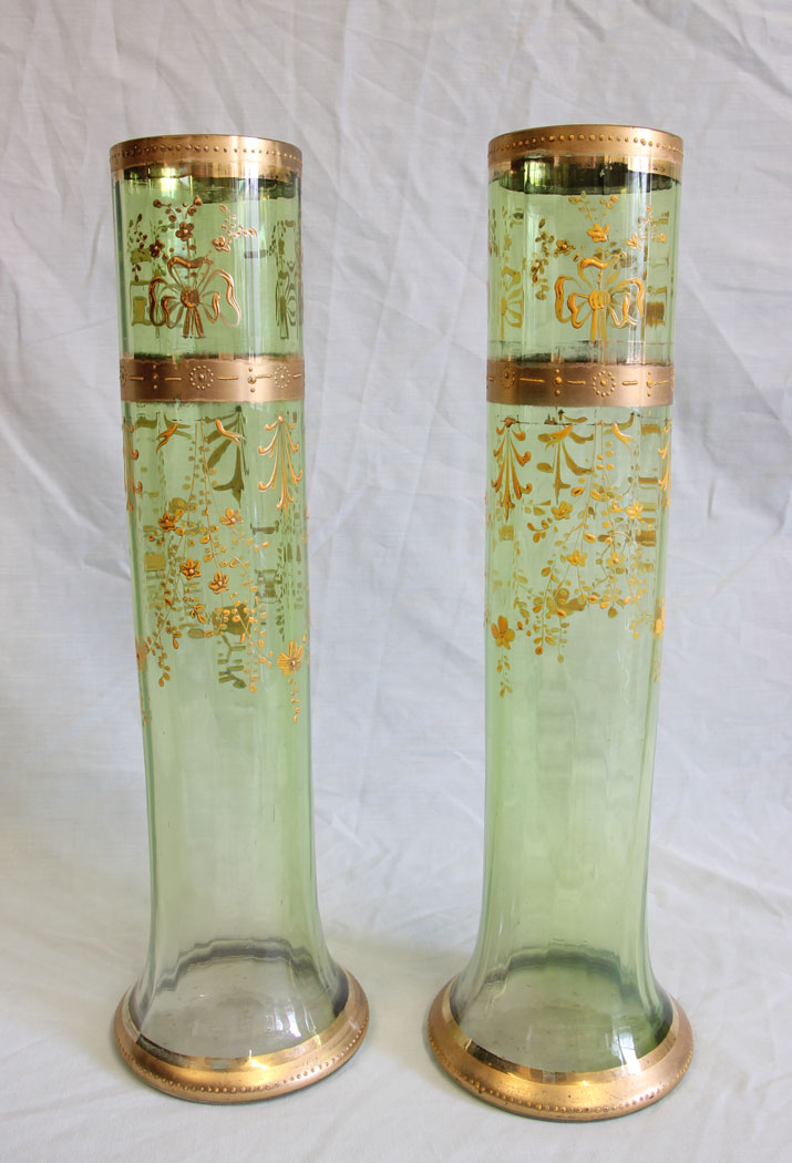 11749r6 Pair Moser Karlsbad Tall Antique Green Glass Decorated Vases,