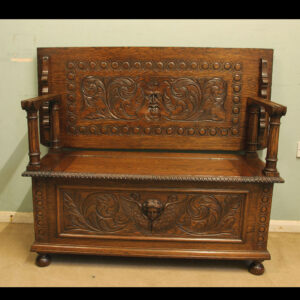 Antique Carved Oak Monks Bench Hall Seat Settle
