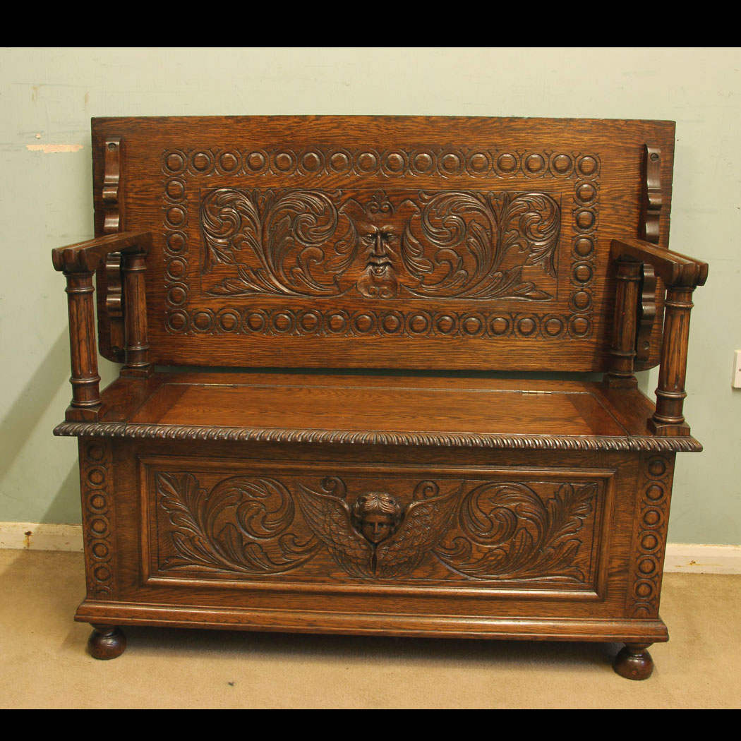 11753r01-Antique-Carved-Oak-Monks-Bench-Hall-Seat-Settle,- Antique Carved Oak Monks Bench Hall Seat Settle