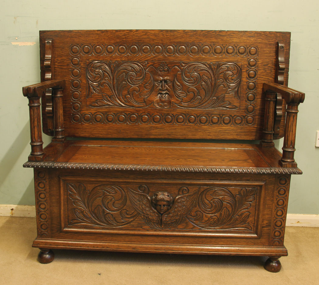 11753r1 Antique Carved Oak Monks Bench Hall Seat Settle,