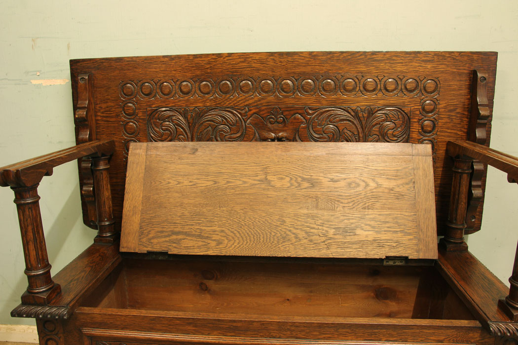 11753r10 Antique Carved Oak Monks Bench Hall Seat Settle,