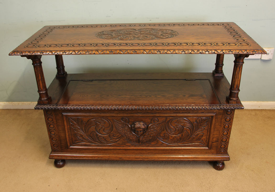 11753r2 Antique Carved Oak Monks Bench Hall Seat Settle,