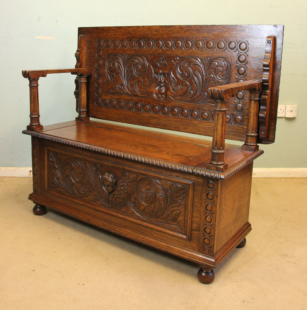 11753r3 Antique Carved Oak Monks Bench Hall Seat Settle,