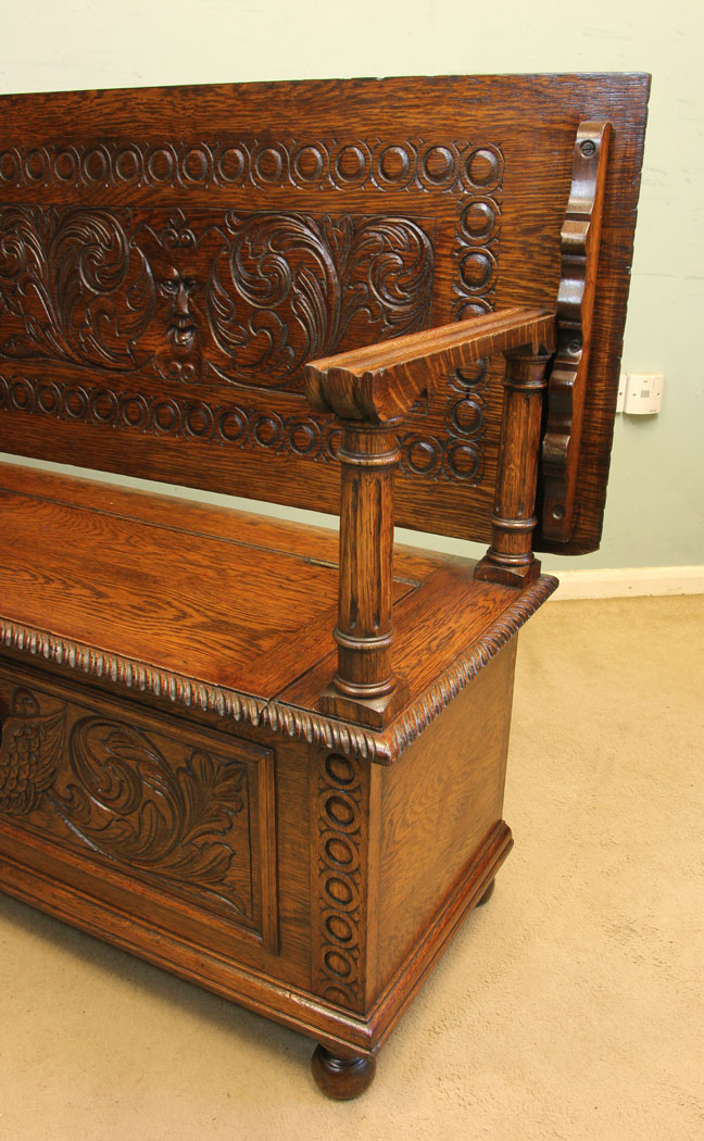 11753r4 Antique Carved Oak Monks Bench Hall Seat Settle,