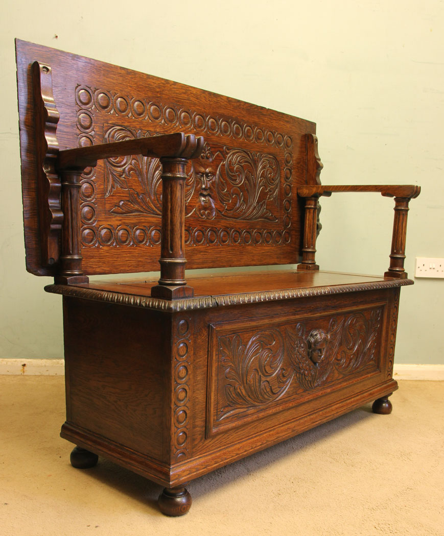 11753r5 Antique Carved Oak Monks Bench Hall Seat Settle,