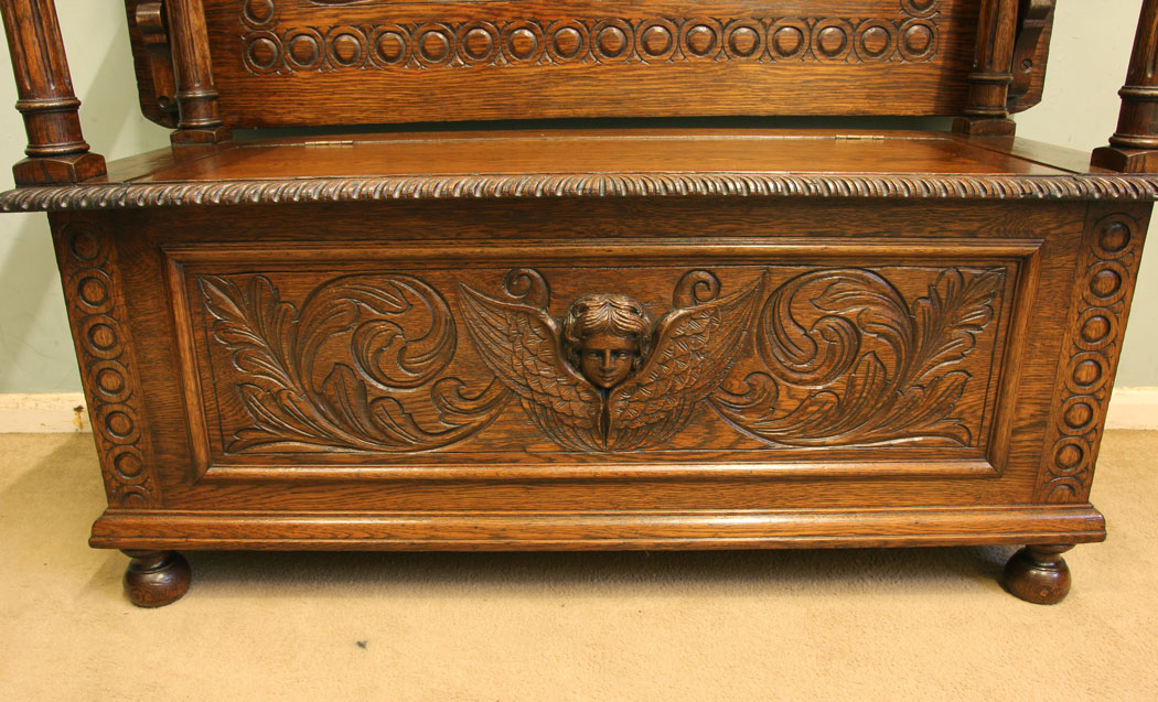 11753r6 Antique Carved Oak Monks Bench Hall Seat Settle,