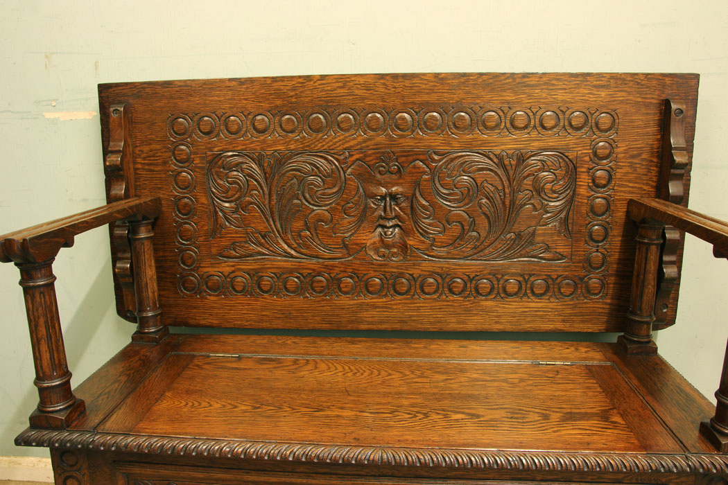 11753r7 Antique Carved Oak Monks Bench Hall Seat Settle,