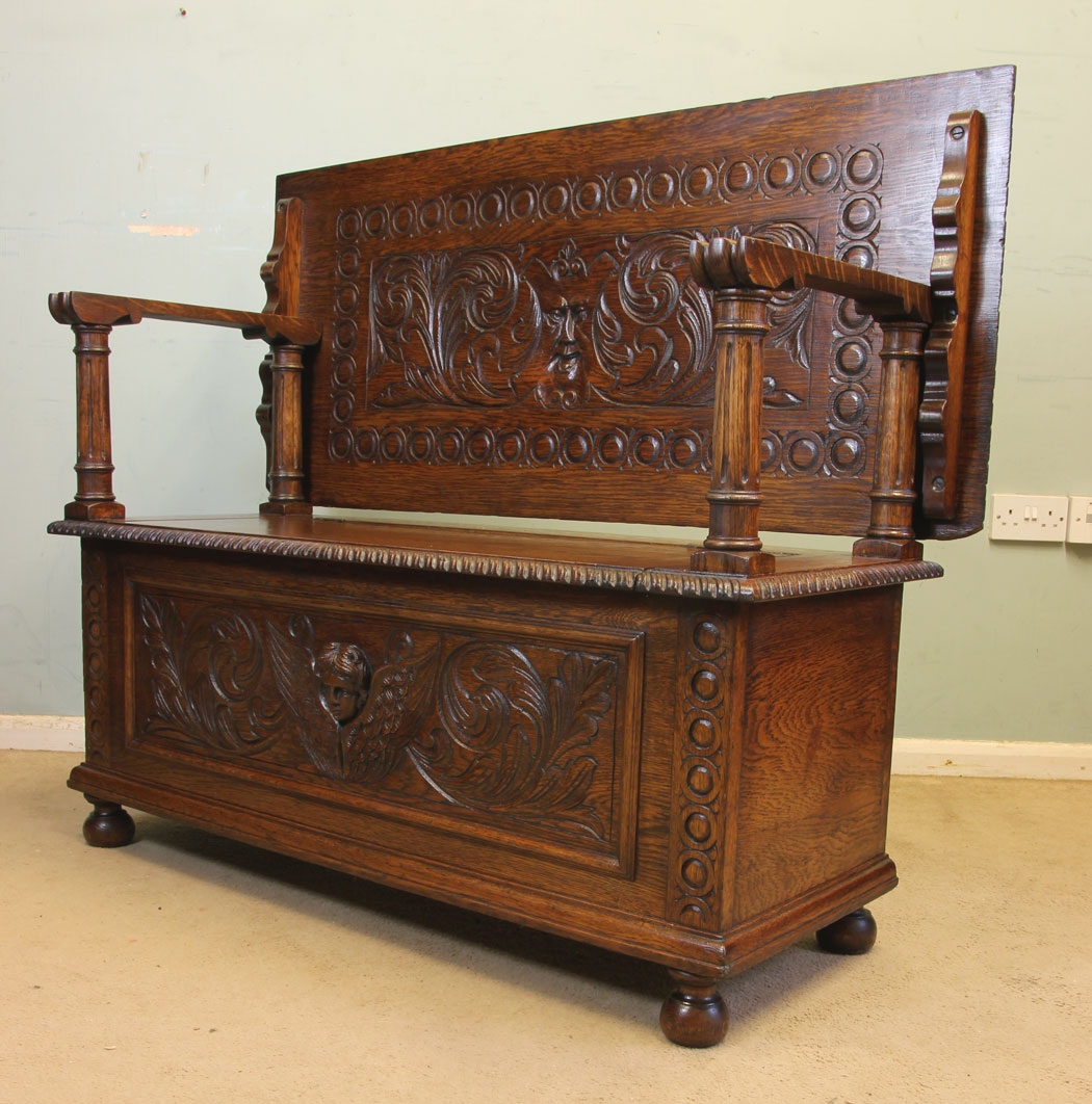 11753r8 Antique Carved Oak Monks Bench Hall Seat Settle,