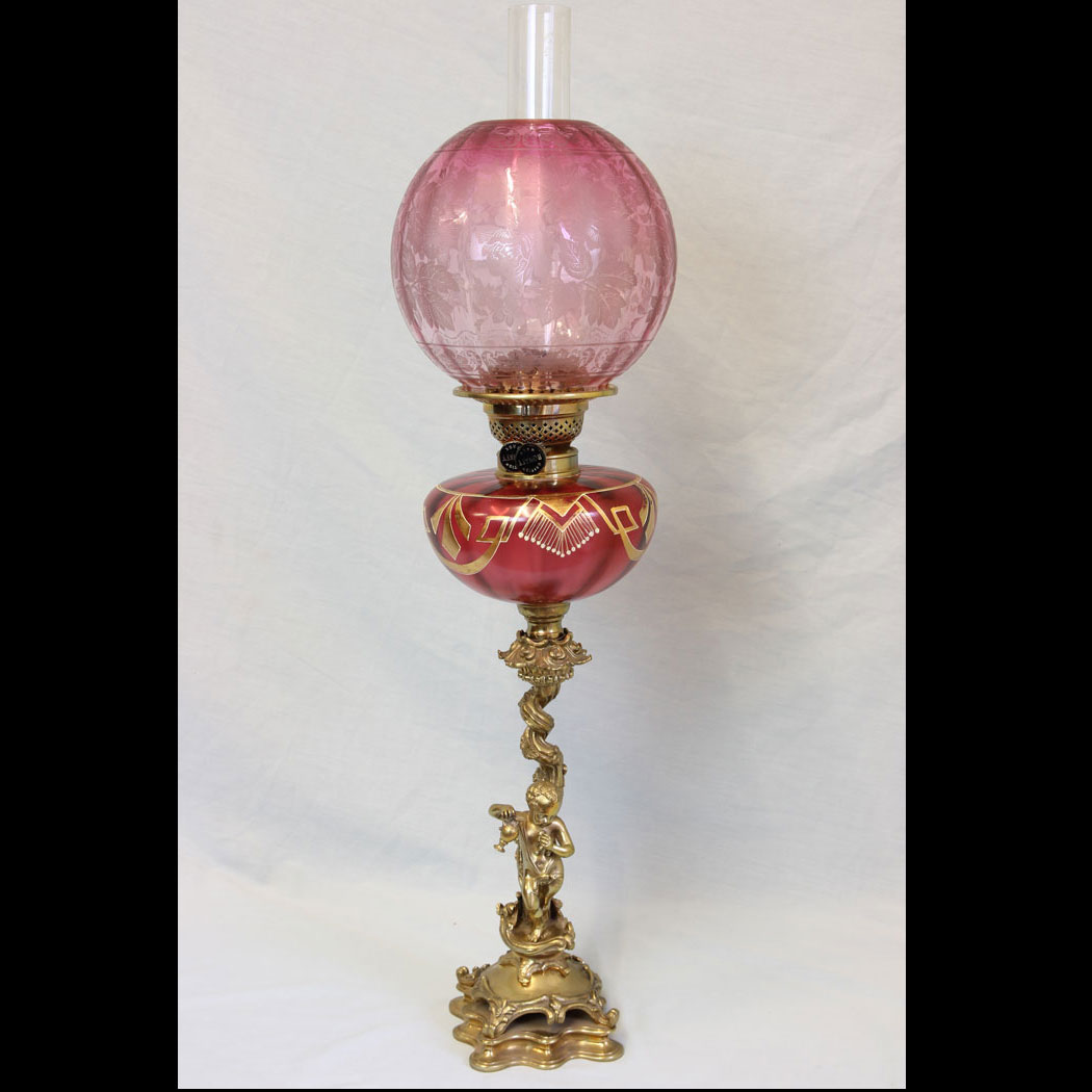 11763r01-Antique-Cranberry-Glass-Oil-Lamp-with-Shade,- Antique Cranberry Glass Oil Lamp with Shade
