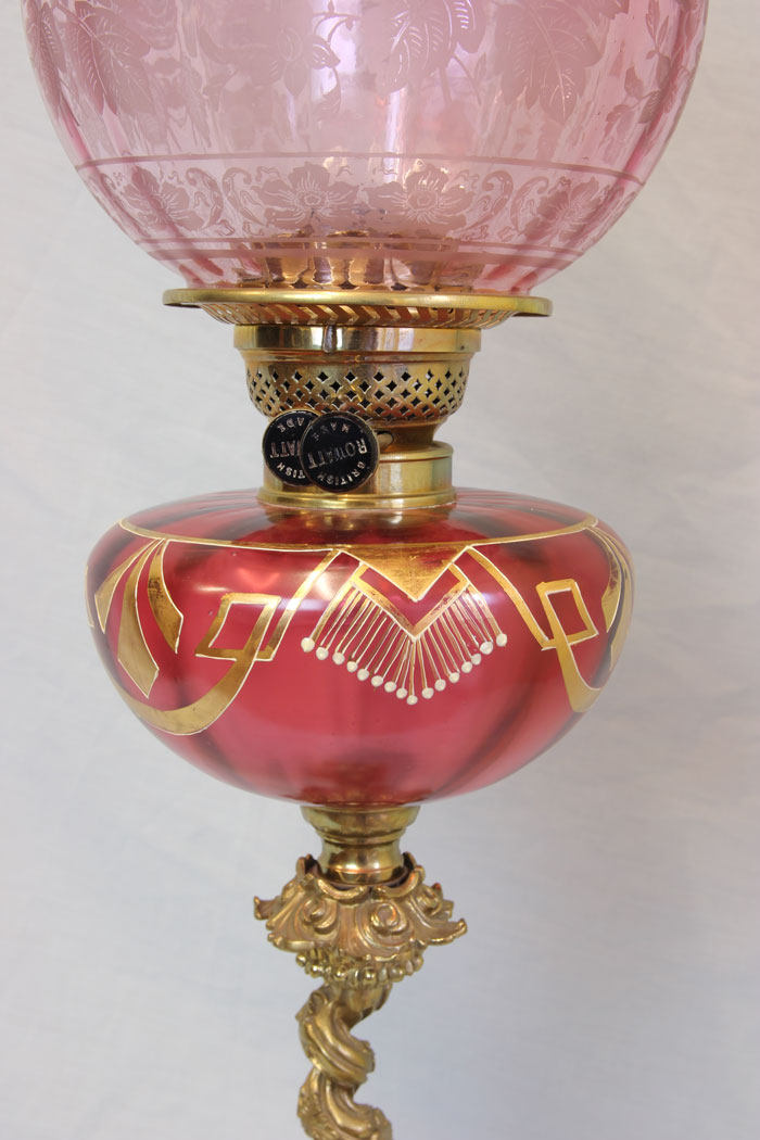 11763r9 Antique Cranberry Glass Oil Lamp with Shade,