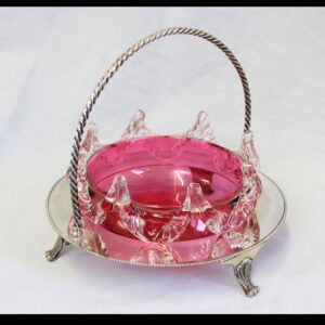 Antique Cranberry Glass Frilled Dish in Silver Plated Stand