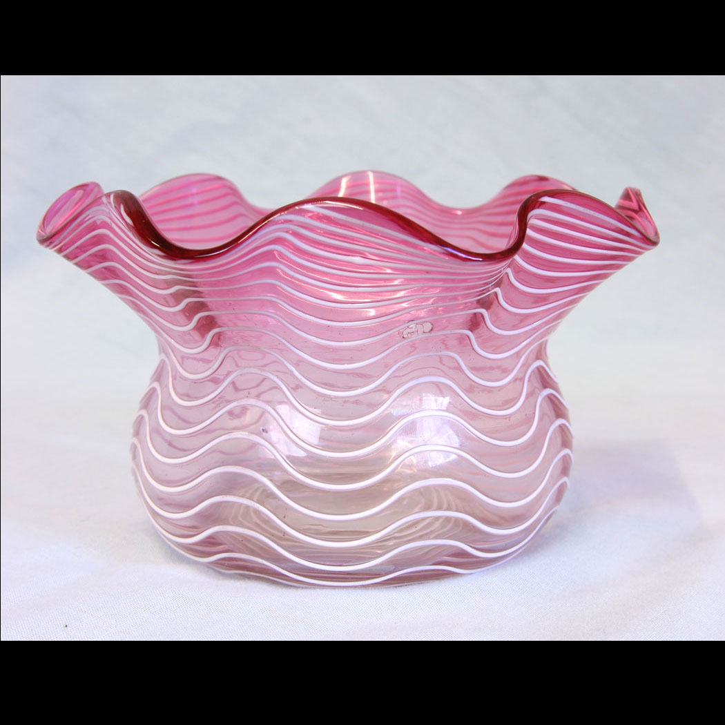 11768r01-Antique-Cranberry-Glass-Bowl-Line-Decoration,- Antique Cranberry Glass Bowl Line Decoration.