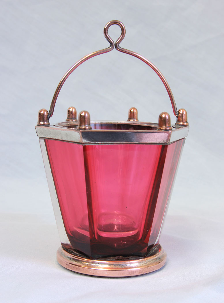 11774r1 A Unusual Silver Plated Cranberry Glass Drip Bucket,