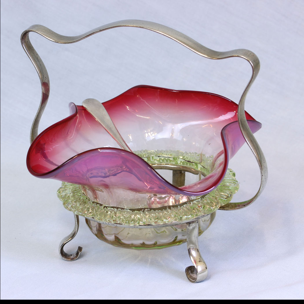 11776r01-Antique-Cranberry-Vaseline-Glass-Preserve-Dish,- Antique Cranberry Vaseline Glass Preserve Dish