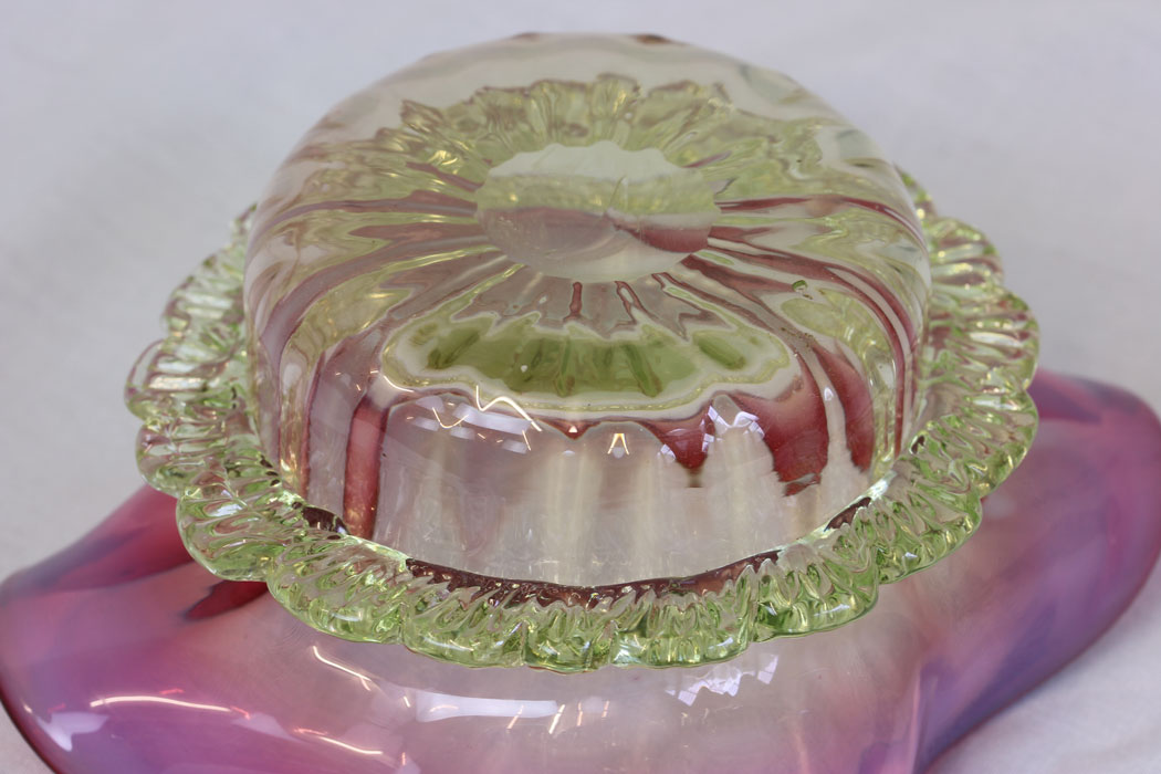 11776r6 Antique Cranberry Vaseline Glass Preserve Dish,