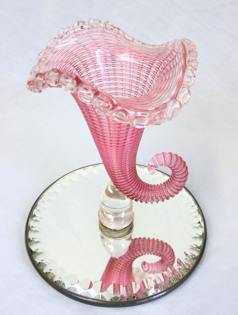 11779r1 Antique Victorian Pink Cranberry Glass Cornucopia Vase,